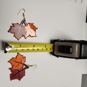 Handmade faux leather and vinyl dangle earrings with autumn leaves.